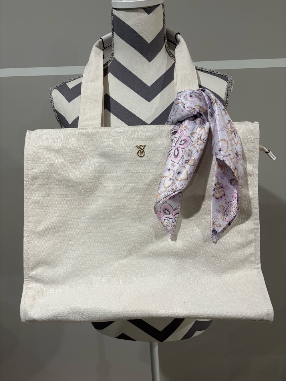 Victoria's Secret Cream Tote with Lavender Floral Scarf